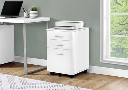 White rolling file cabinet with four drawers and caster wheels, used as a printer stand in a modern home office on Tampa Home & Garden Store