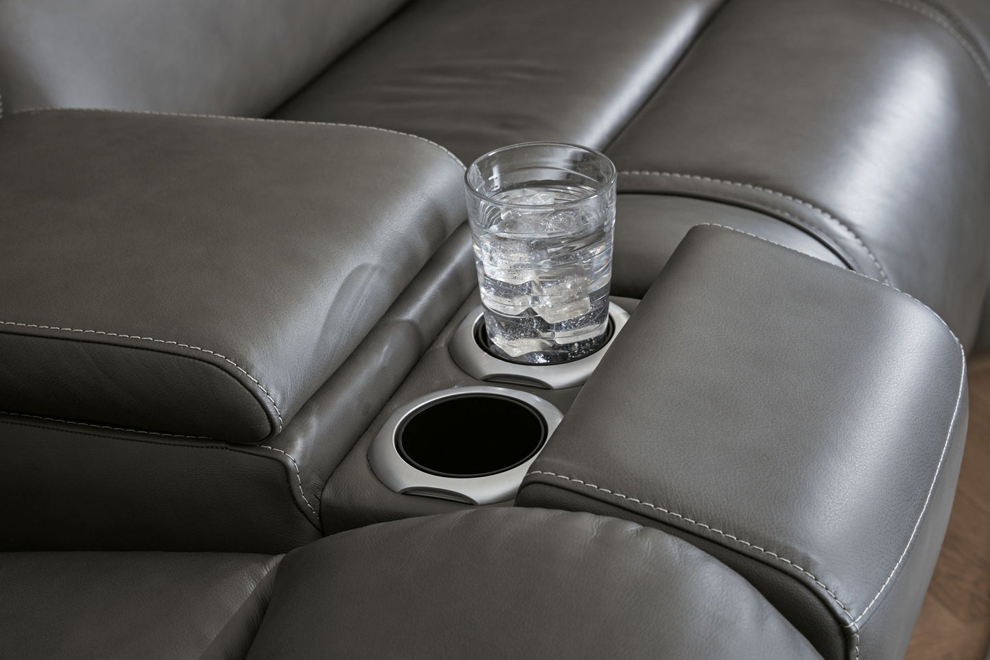 5Z Pittson power reclining sectional in gray leather with built-in cup holders and center console on Tampa Home & Garden Store
