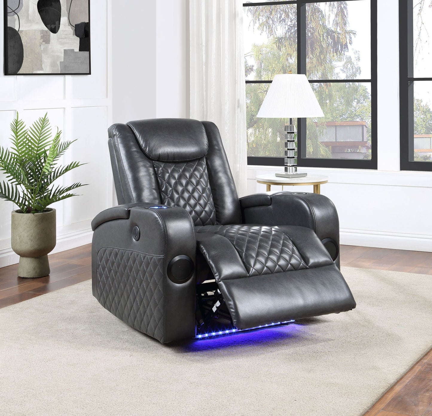 Alair Leather Aire power motion recliner in black with quilted upholstery and blue LED base on Tampa Home & Garden Store