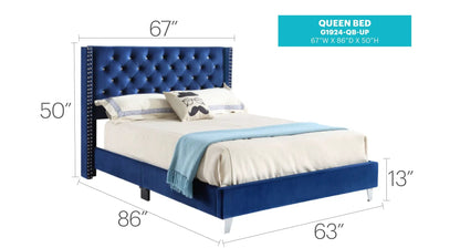 Upholstered Nailhead Trim Chic Bed in blue velvet, queen size, by Unique Piece Furniture on Tampa Home & Garden Store