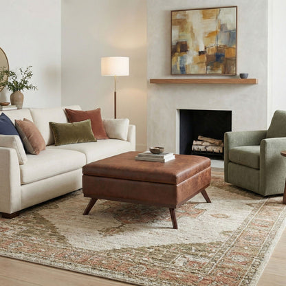 Square lift-top storage ottoman in brown leather for living room use on Tampa Home & Garden Store