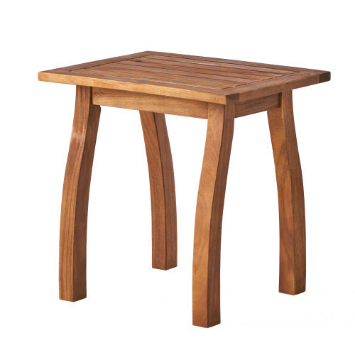 Acacia wood patio end table with slatted square top and curved legs on Tampa Home & Garden Store
