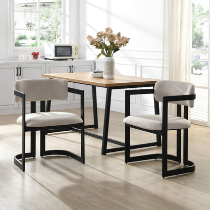 Upholstered dining armchairs set of 2 with beige fabric cushions and black metal legs on Tampa Home & Garden Store