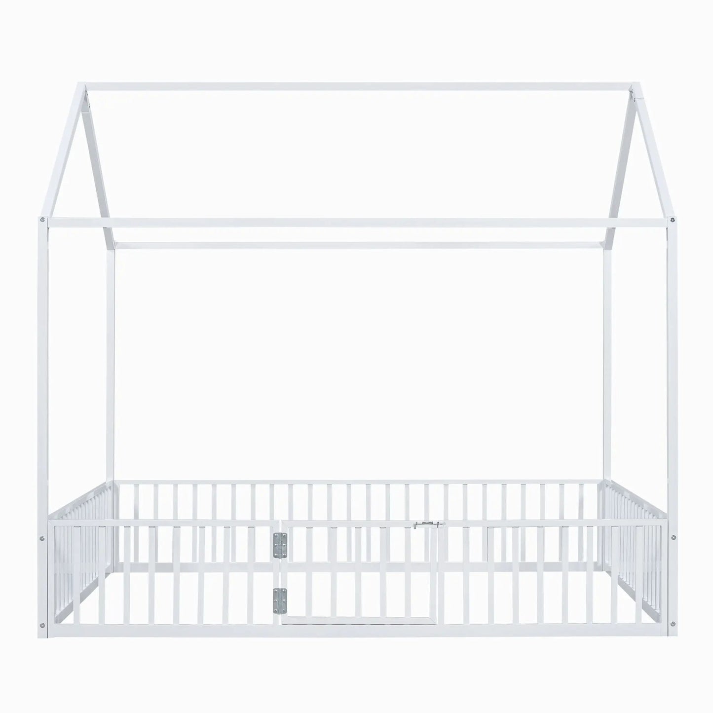 Metal House Bed with Fence and Door canopy frame, white metal finish on Tampa Home & Garden Store