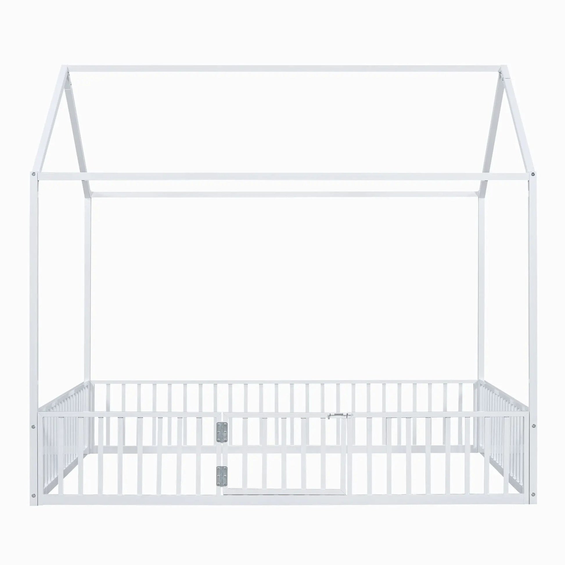 Metal House Bed with Fence and Door canopy frame, white metal finish on Tampa Home & Garden Store