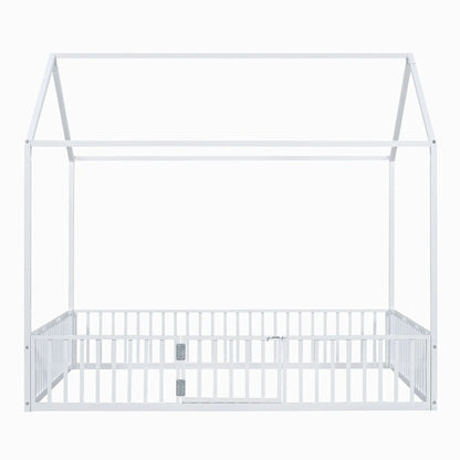 Metal House Bed with Fence and Door canopy frame, white metal finish on Tampa Home & Garden Store