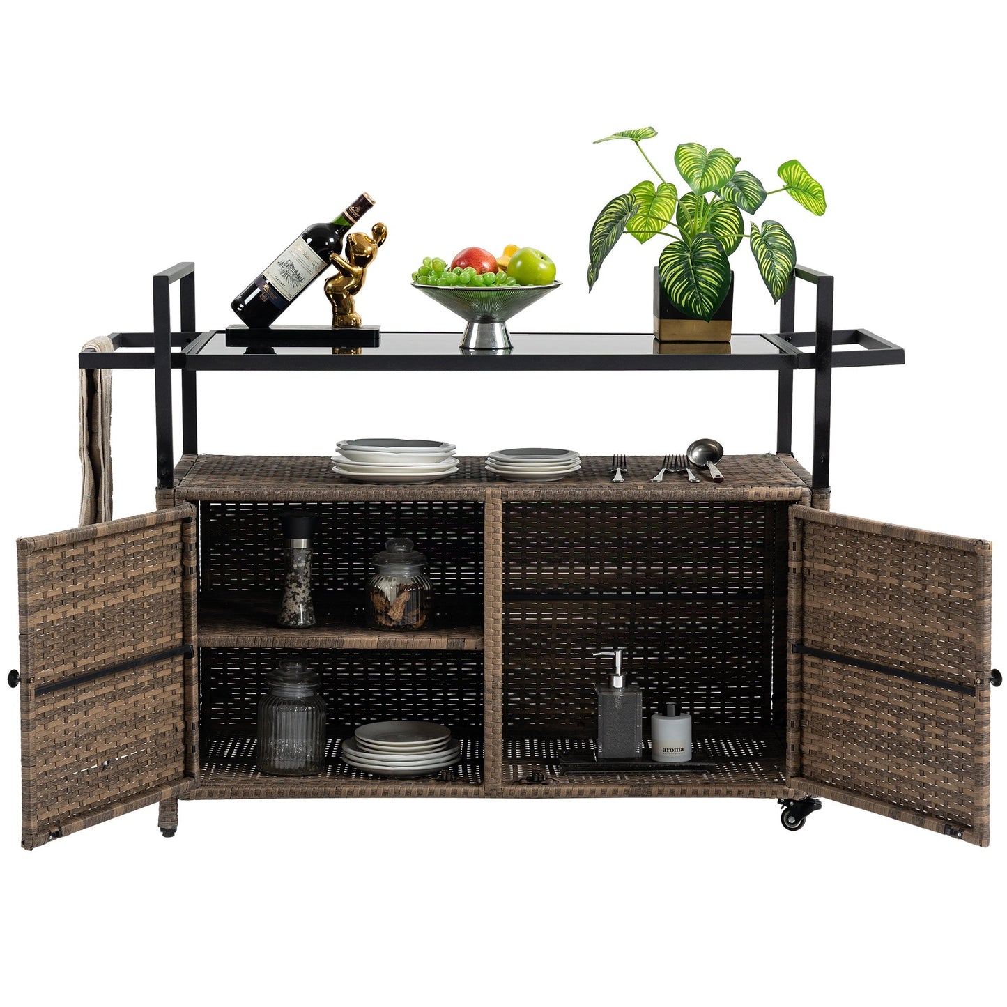 Outdoor wicker bar cart with glass top and wheels by HouseOfZazla with wine bottle and plant on Tampa Home & Garden Store