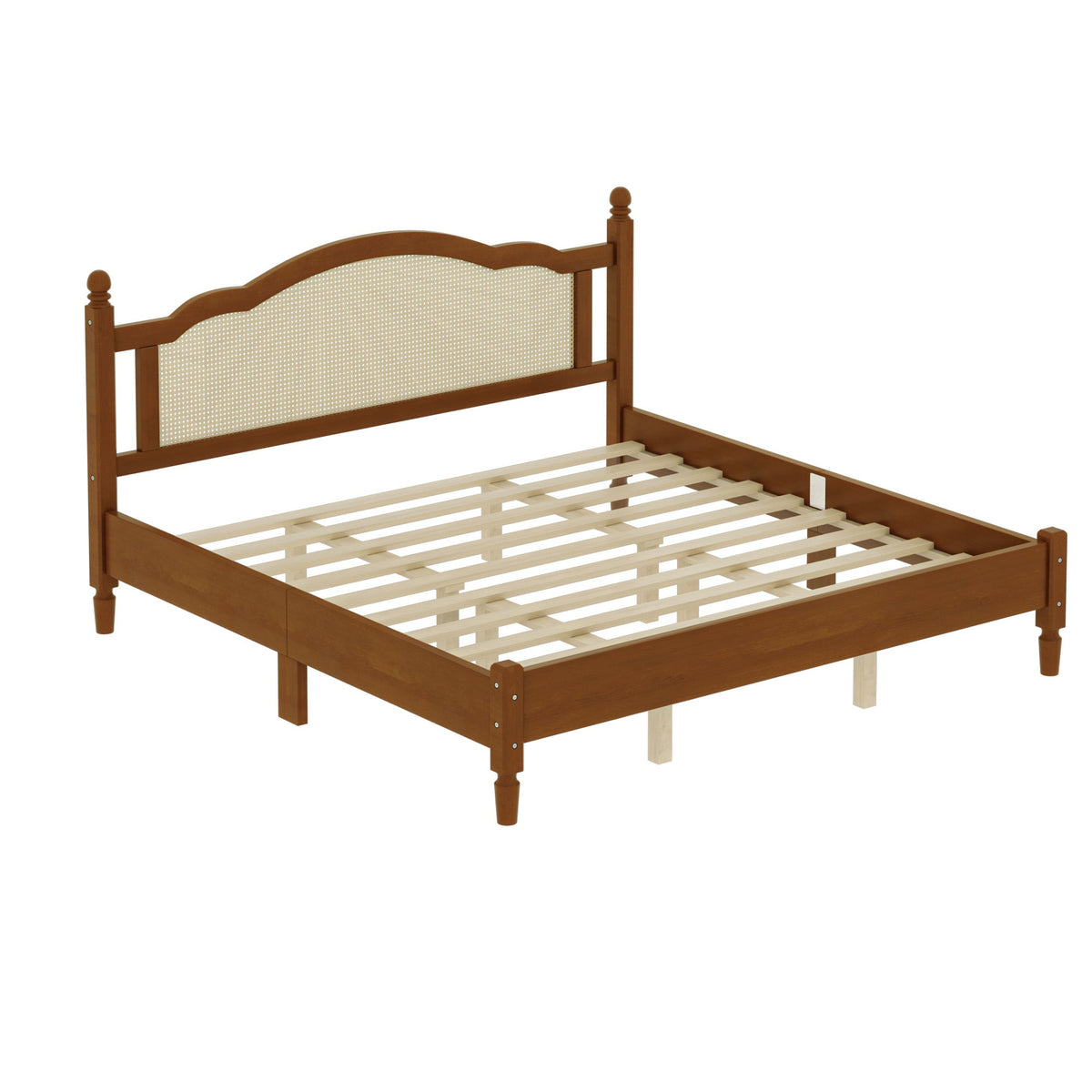 King Size wooden platform bed with rattan headboard in warm brown finish HouseOfZazla on Tampa Home & Garden Store