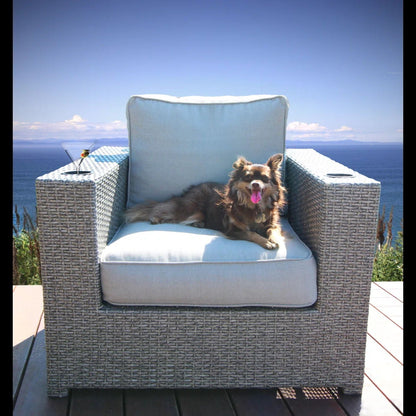 Elegant gray weather-resistant patio arm chair with cushions, wicker frame by HouseOfZazla on Tampa Home & Garden Store