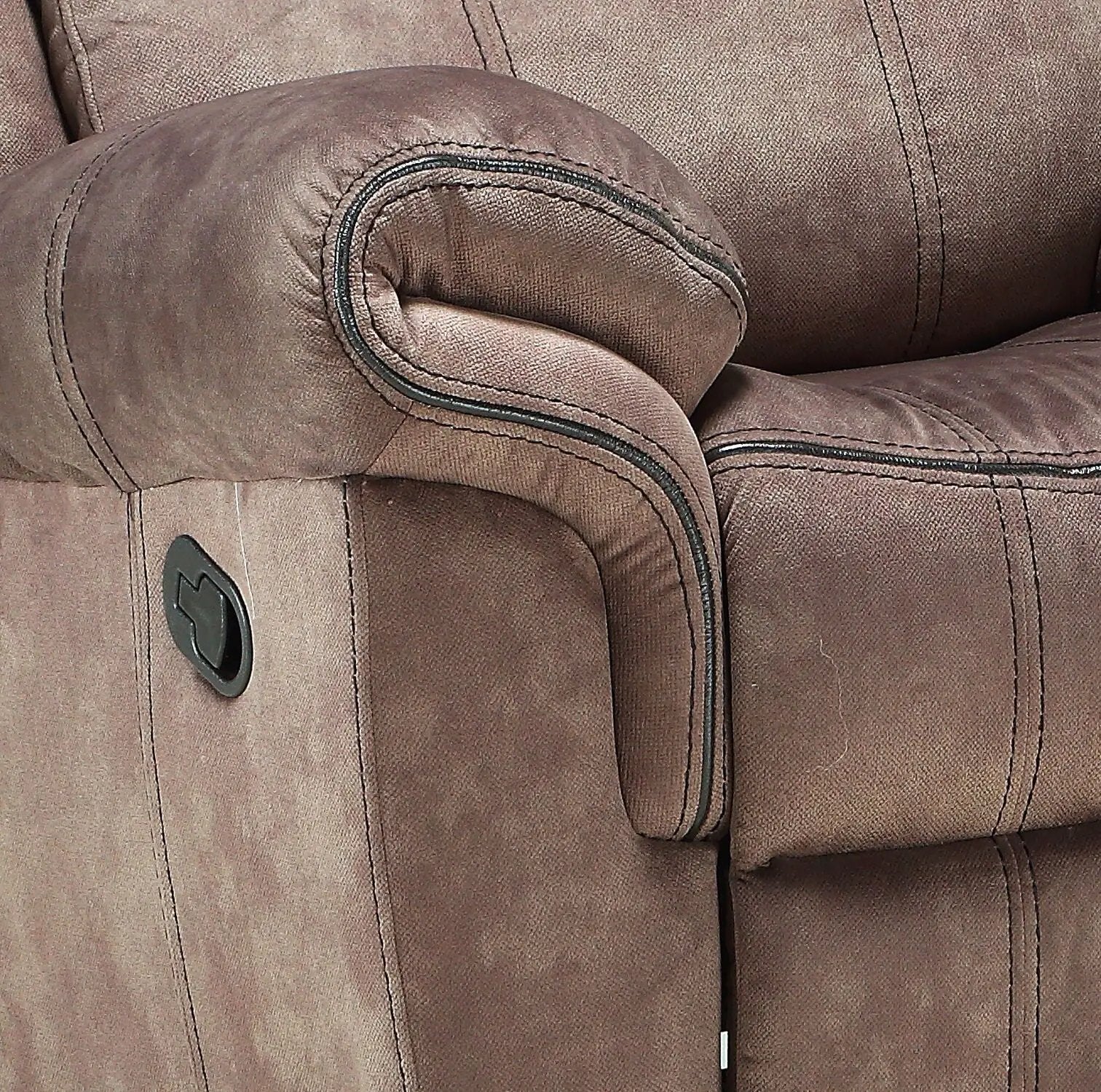 Zubaida Two Tone Glider Recliner armrest closeup in brown faux leather with dark piping on Tampa Home & Garden Store
