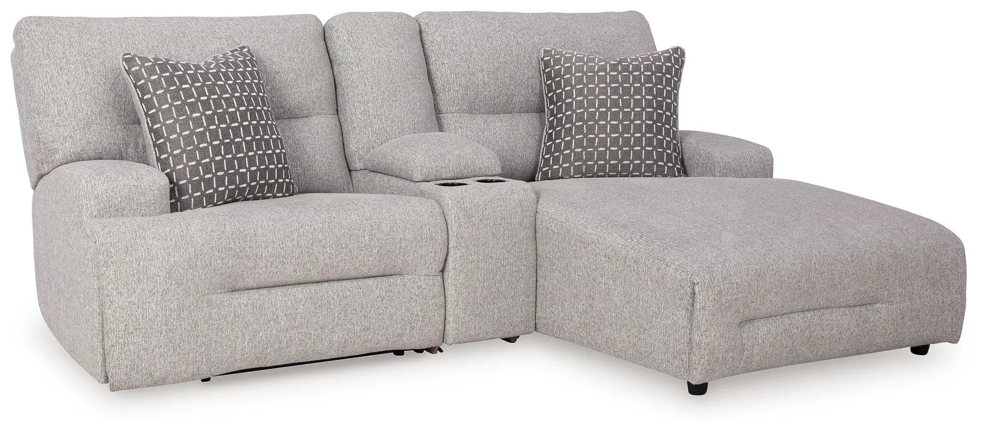 Acklen Place reclining sectional with chaise in light gray fabric, console with cupholders on Tampa Home & Garden Store