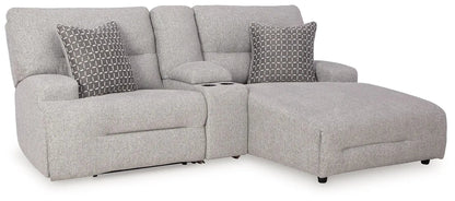Acklen Place reclining sectional with chaise in light gray fabric, console with cupholders on Tampa Home & Garden Store