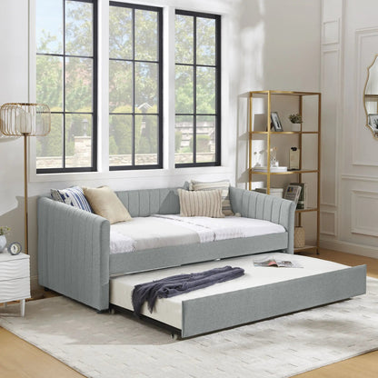 Upholstered daybed with vertical stripes and a pull-out trundle in blue-gray fabric on Tampa Home & Garden Store