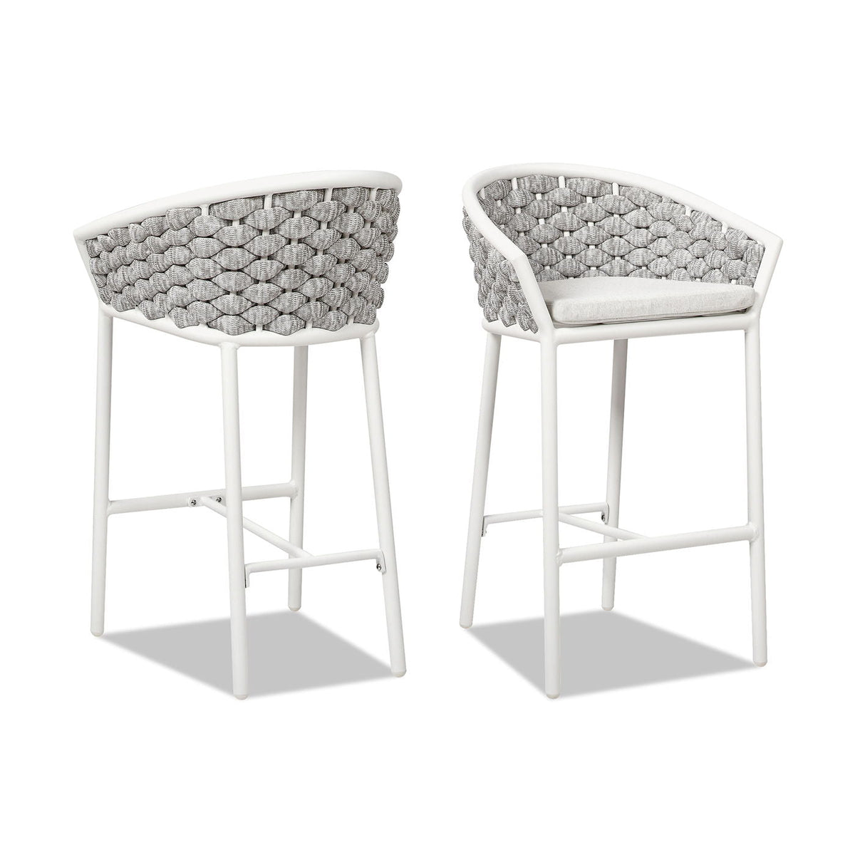 Optic White Rope Barrel Low-Back Counter Stool 2-pack, frames with gray woven rope backs on Tampa Home & Garden Store