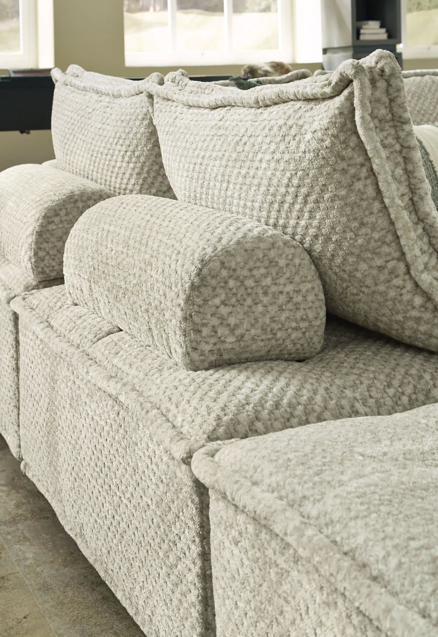 Bales Sectional by Unique Piece Furniture, beige boucle upholstery with rolled arms on Tampa Home & Garden Store