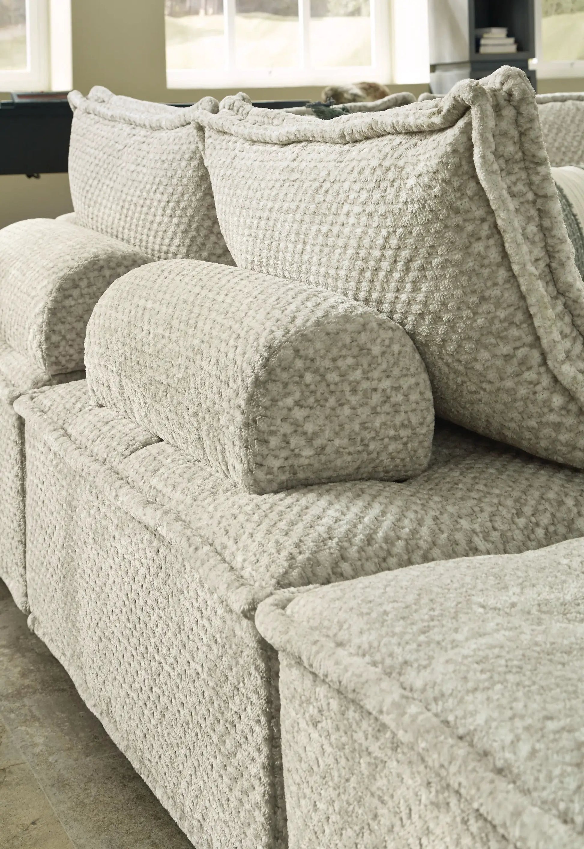 Bales Sectional by Unique Piece Furniture, beige boucle upholstery with rolled arms on Tampa Home & Garden Store