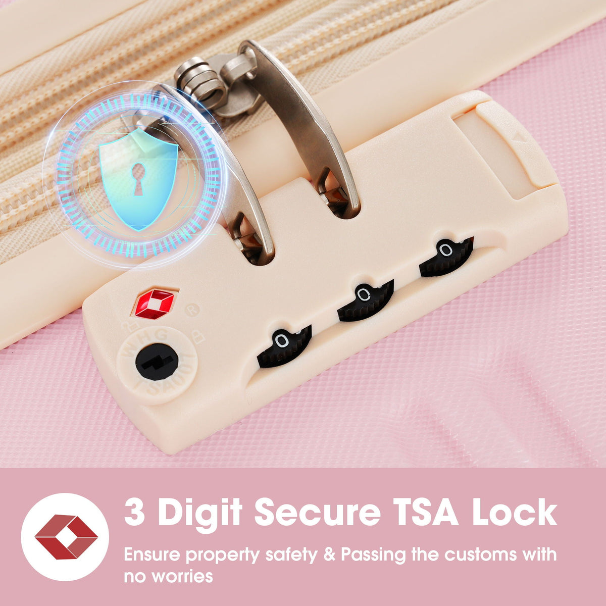 Beige hard-shell luggage lock close-up with 3-digit TSA lock on a light pink surface on Tampa Home & Garden Store
