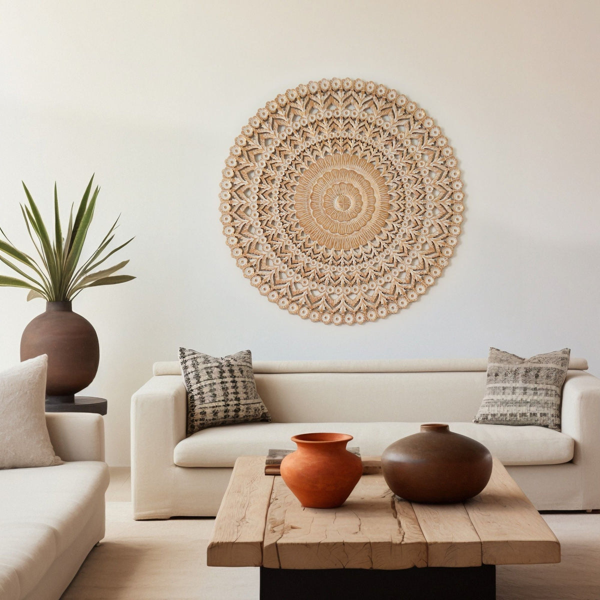 Floral Hand Carved Mandala Round Wall Decor with intricate carving in brown antique white on Tampa Home & Garden Store