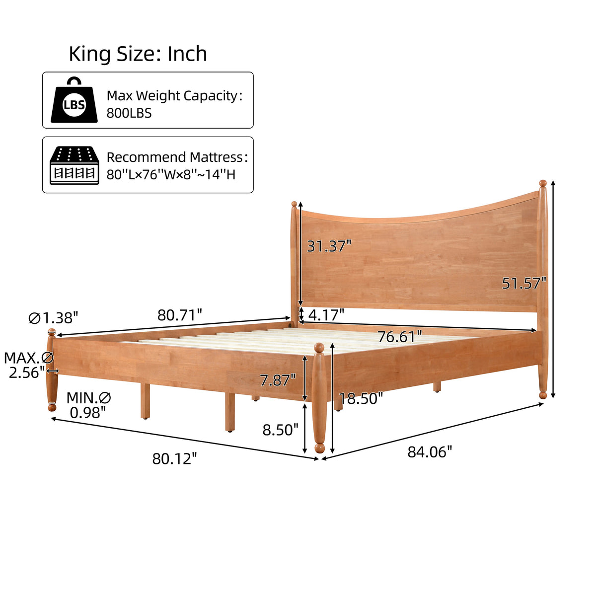 King Size solid wood platform bed frame by HouseOfZazla with rounded posts, dimensioned diagram on Tampa Home & Garden Store