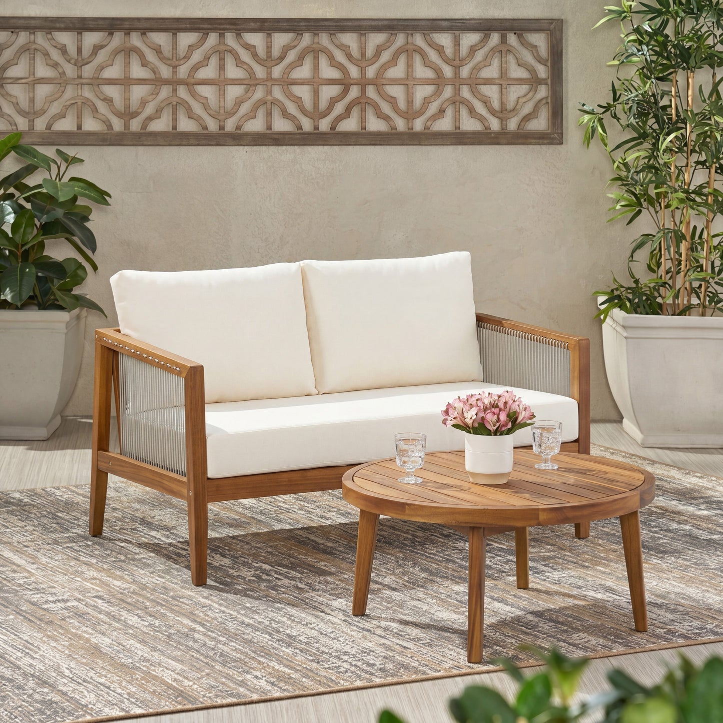 Outdoor Acacia Loveseat and Coffee Table Set