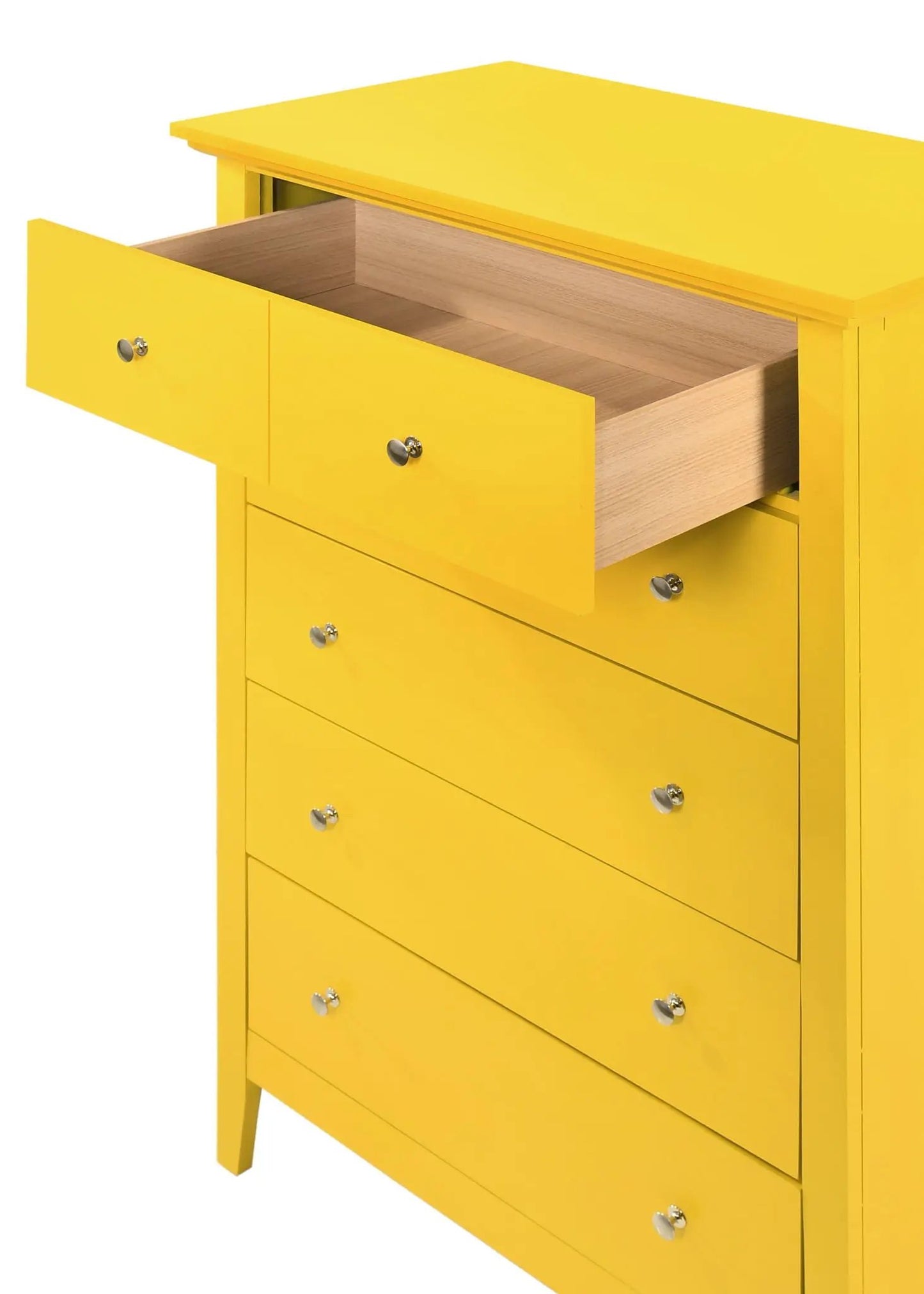 Hammond accent chest by Unique Piece Furniture in bright yellow; top drawer open shows light wood interior on Tampa Home & Garden Store