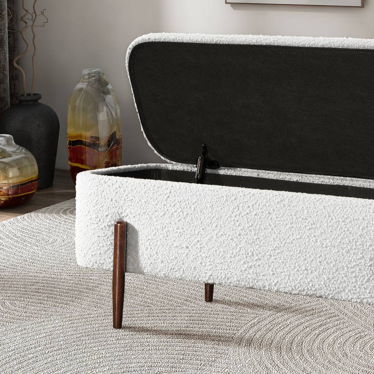 Ivory boucle storage bench with hidden storage and dark wood legs, HouseOfZazla on Tampa Home & Garden Store