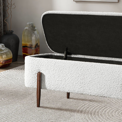 Ivory boucle storage bench with hidden storage and dark wood legs, HouseOfZazla on Tampa Home & Garden Store