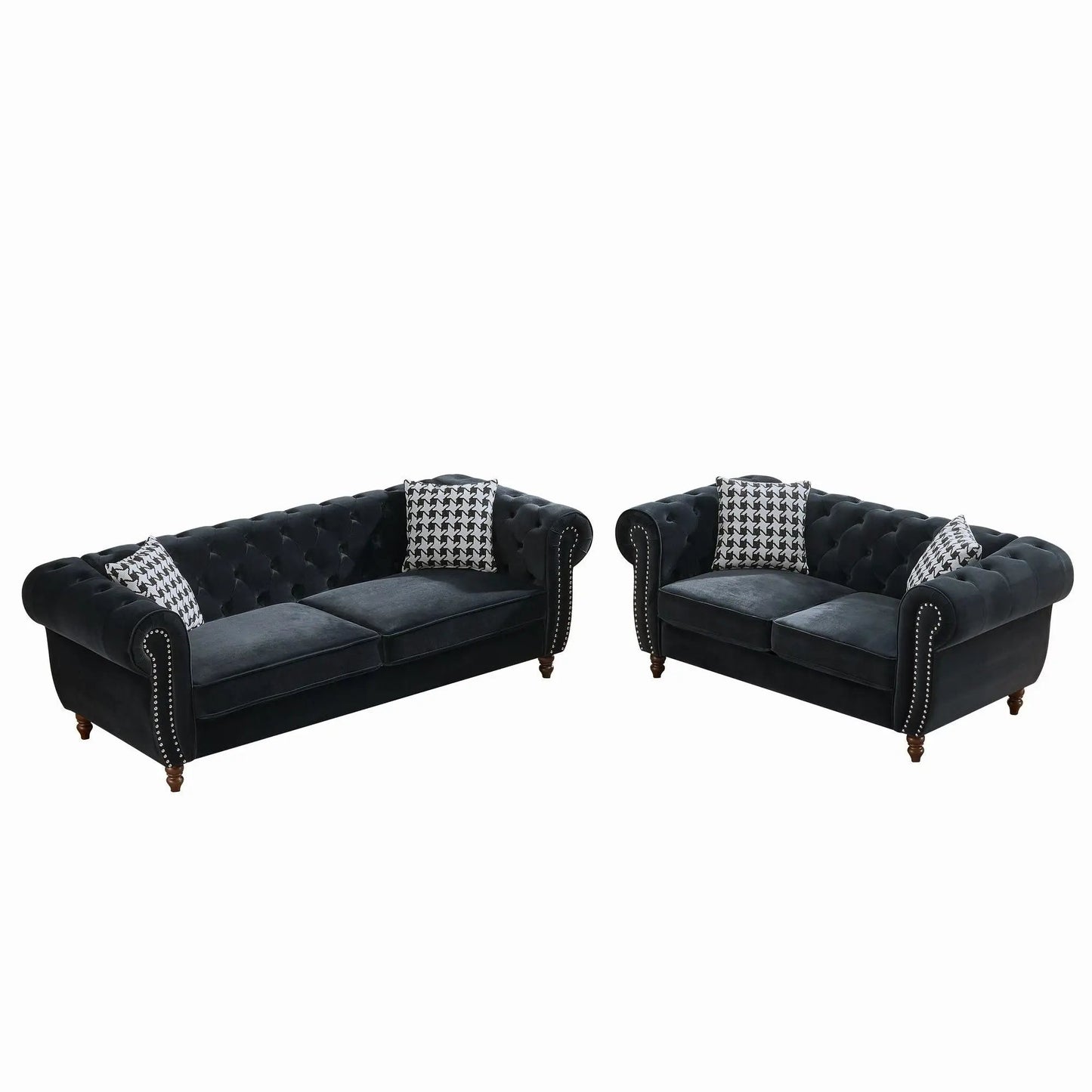Chesterfield 3 & 2 seater sofas navy tufted fabric with roll arms and nailhead trim on Tampa Home & Garden Store
