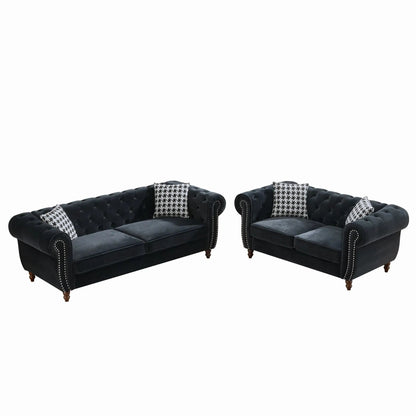 Chesterfield 3 & 2 seater sofas navy tufted fabric with roll arms and nailhead trim on Tampa Home & Garden Store