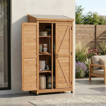 Outdoor Shed With Vertical Tool Cabinet and Shelf