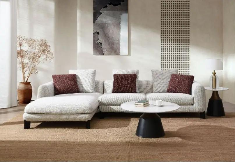 Mardi Tweed sectional sofa with 3 pillows, maroon/beige, stationary, Unique Piece on Tampa Home & Garden Store