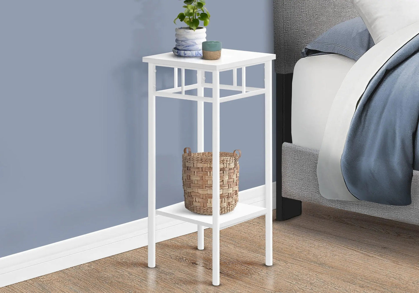 White square accent table with plant top and woven basket below Unique Piece Furniture on Tampa Home & Garden Store