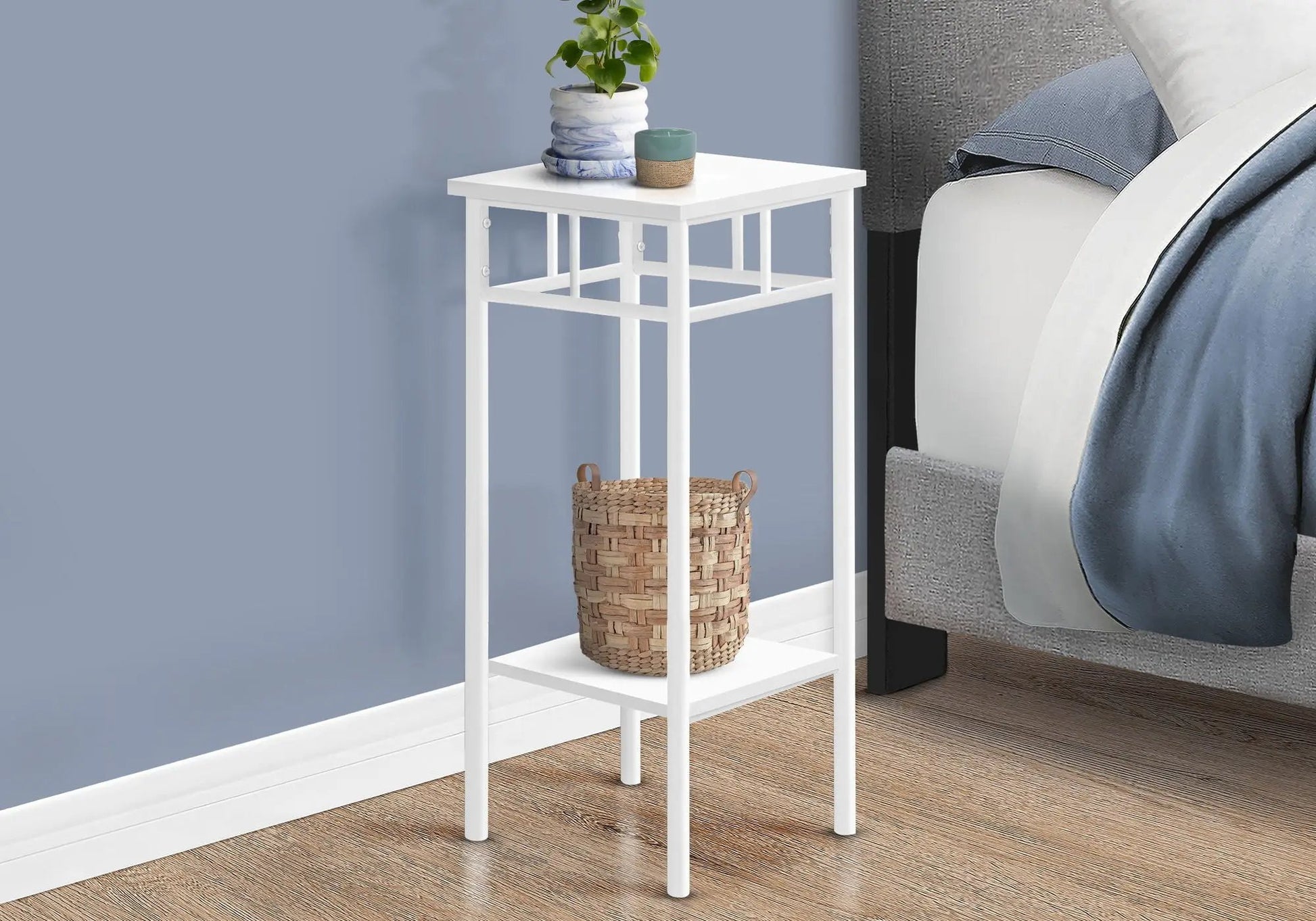 White square accent table with plant top and woven basket below Unique Piece Furniture on Tampa Home & Garden Store