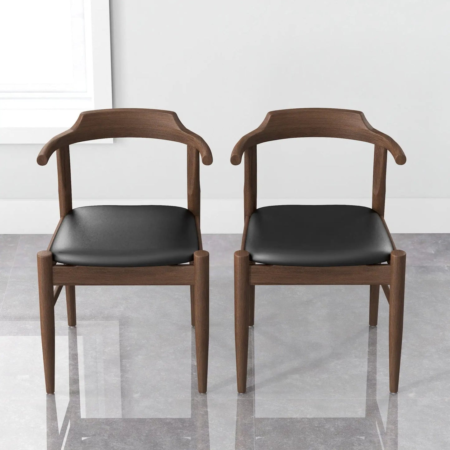 Leon mid-century modern dining chairs, set of 2, walnut wood frame with black upholstered seats on Tampa Home & Garden Store