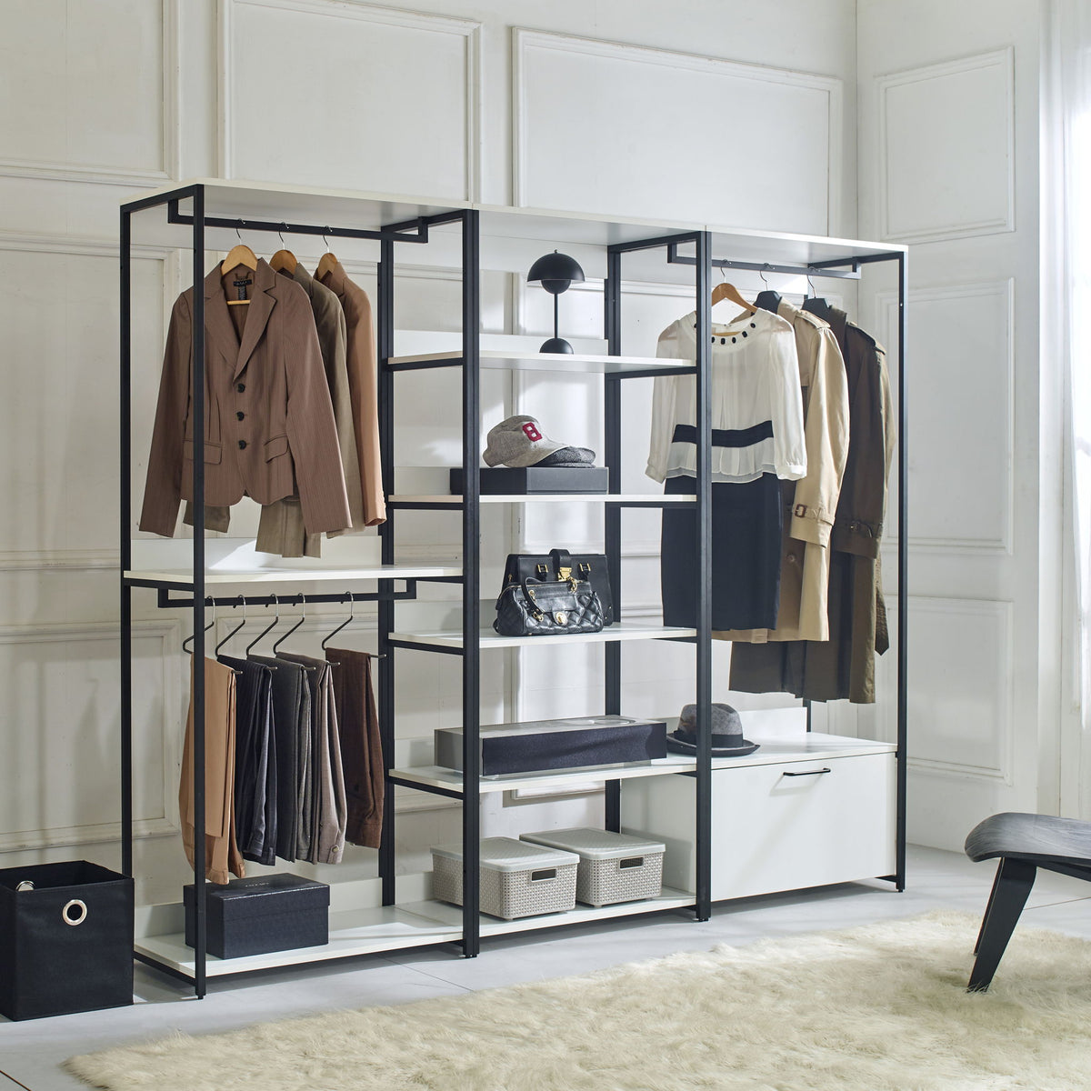 White walk-in closet with adjustable shelves, metal frame, triple wardrobes by HouseOfZazla on Tampa Home & Garden Store