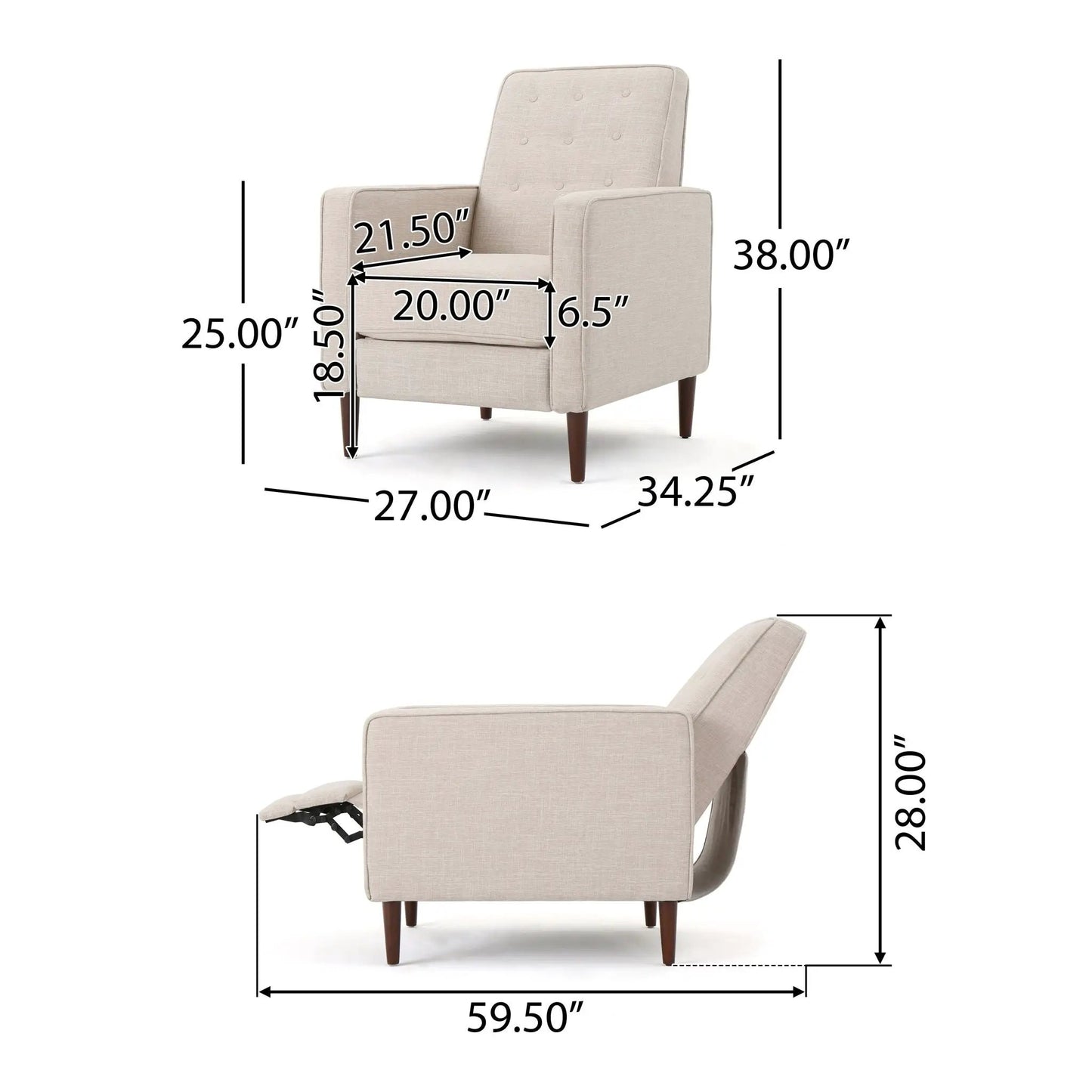 Mid-Century Modern beige recliner with button tufted back and waffle-stitch upholstery, tapered wood legs on Tampa Home & Garden Store