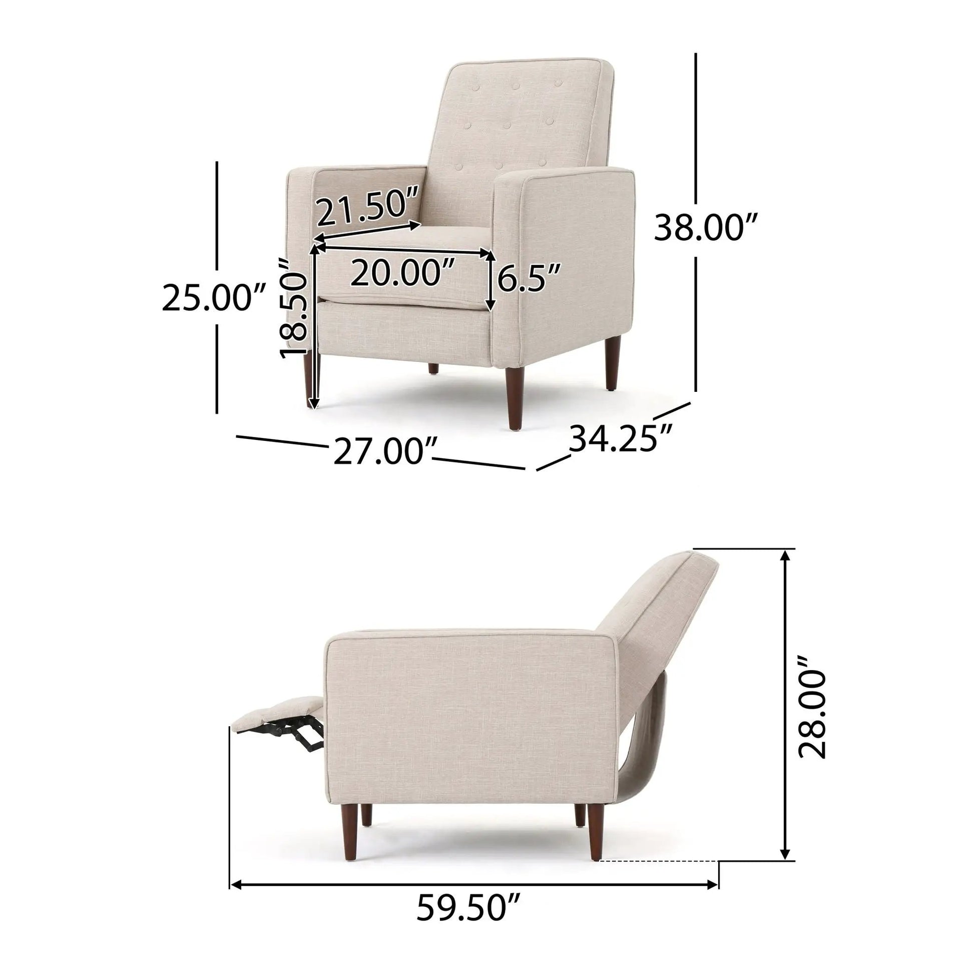 Mid-Century Modern beige recliner with button tufted back and waffle-stitch upholstery, tapered wood legs on Tampa Home & Garden Store