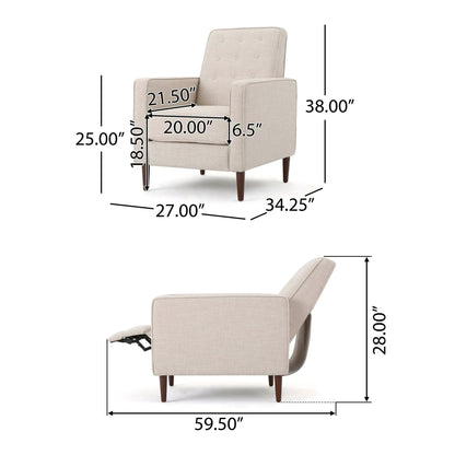 Mid-Century Modern beige recliner with button tufted back and waffle-stitch upholstery, tapered wood legs on Tampa Home & Garden Store