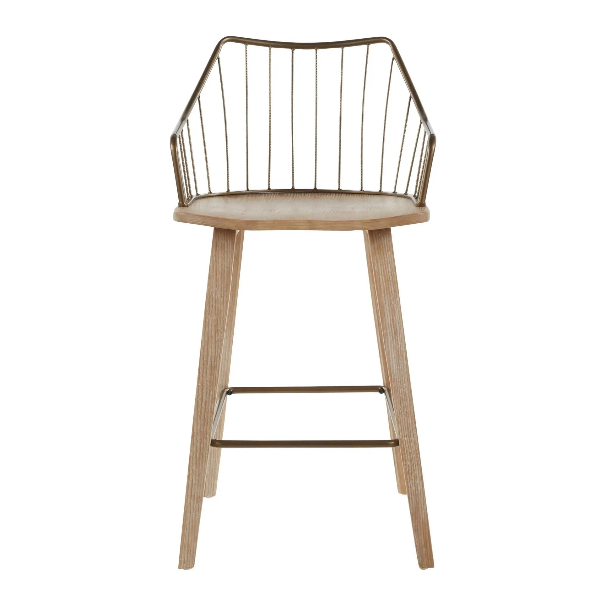 Winston Farmhouse Counter Stool with brass metal back and natural wood seat on Tampa Home & Garden Store