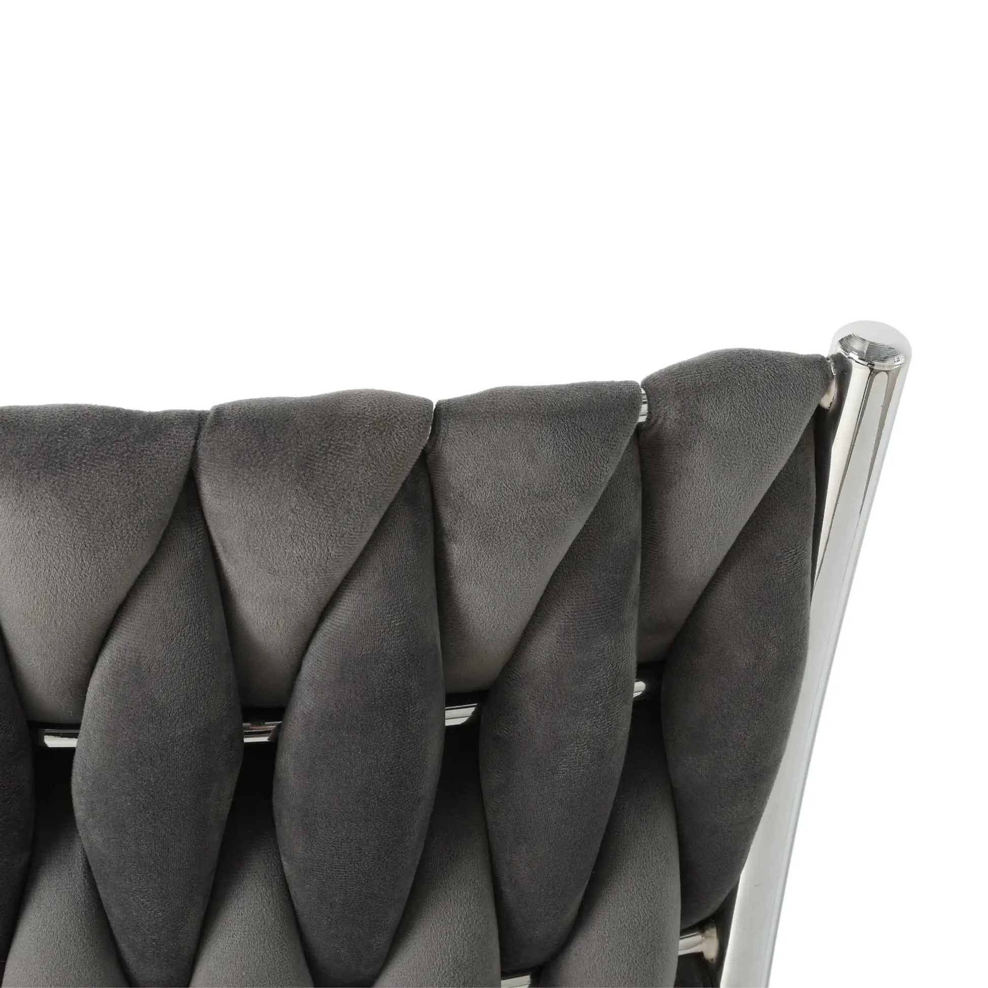 Modern dining chair set in dark grey velvet with tufted back cushions and chrome frame on Tampa Home & Garden Store