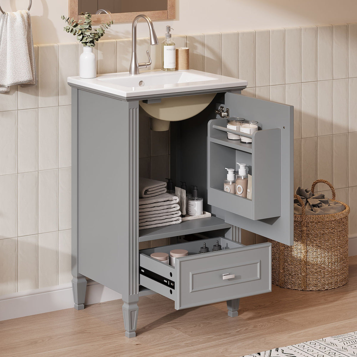 Retro vanity with sink in dark gray and soft-closing doors; cabinet with towels and toiletries on Tampa Home & Garden Store