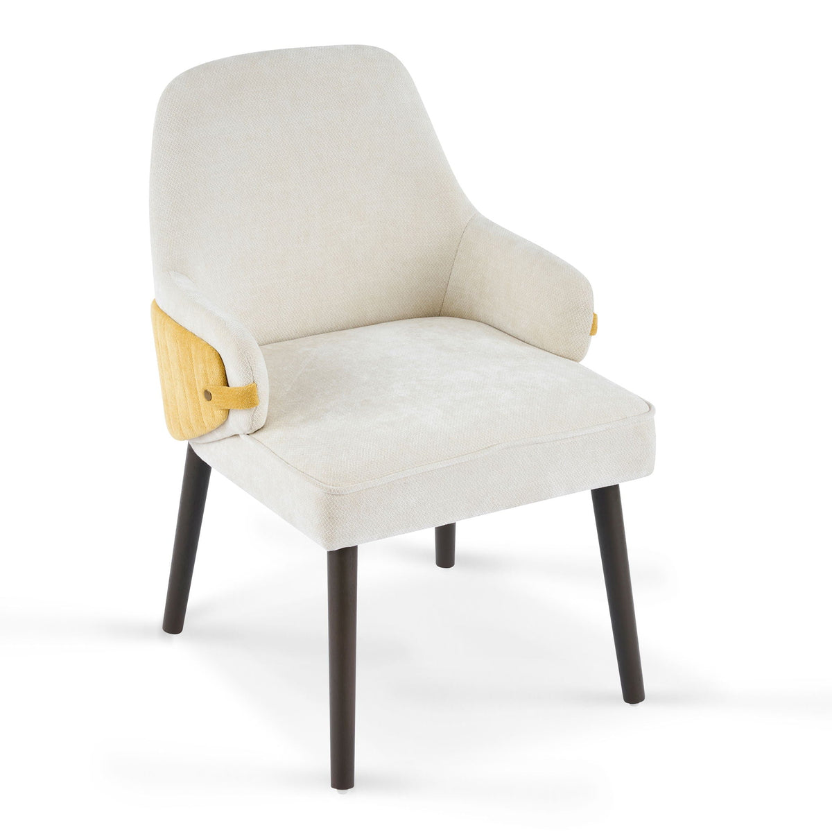 Indoor dining chair set of 2, beige upholstery with yellow wood accents and dark legs on Tampa Home & Garden Store