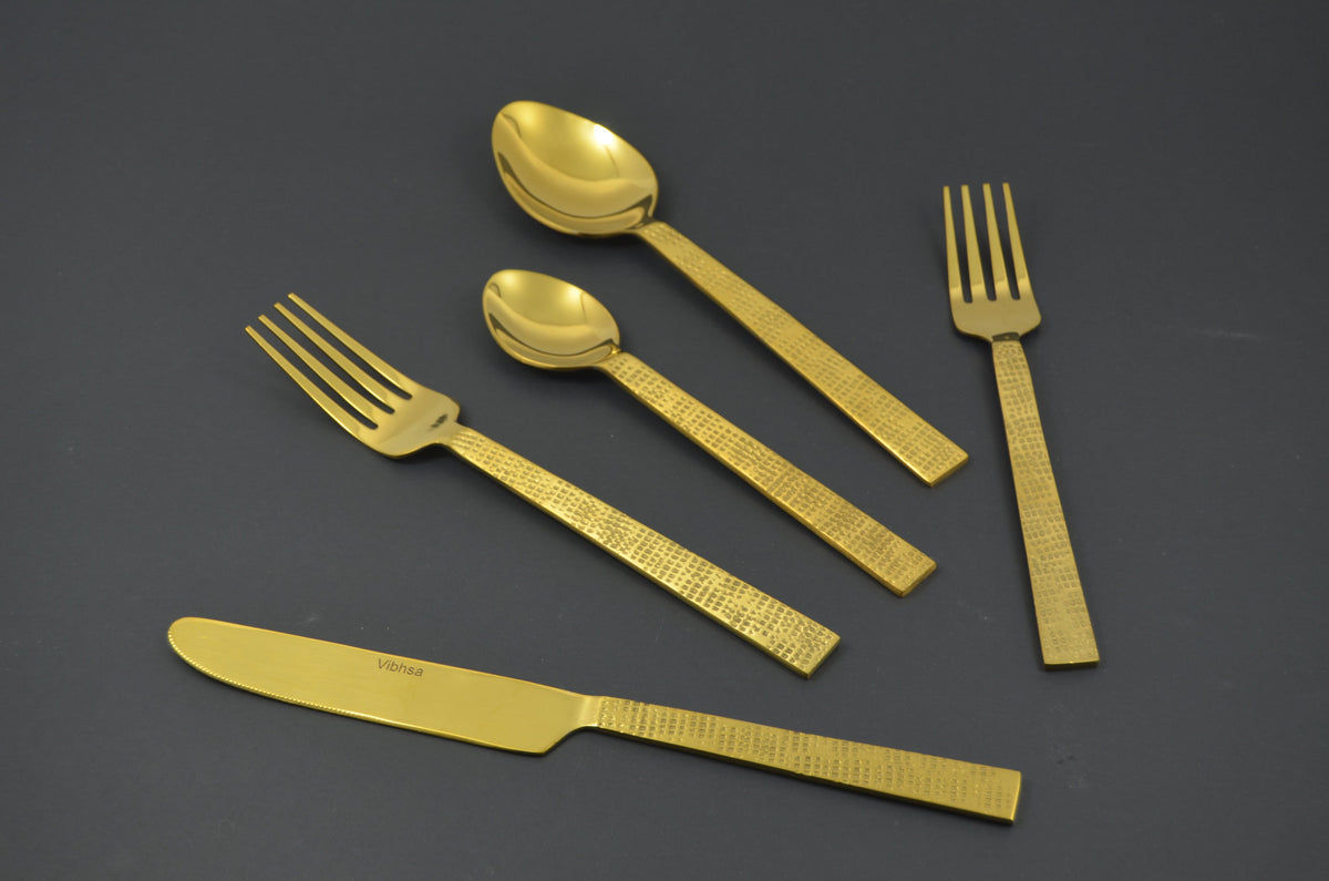 Vibhsa flatware set 20-piece gold with Egyptian design and textured handles forks spoons knife on Tampa Home & Garden Store