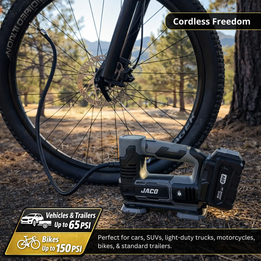 20V cordless tire inflator with 3.0Ah battery by JACO beside a mountain bike wheel on Tampa Home & Garden Store
