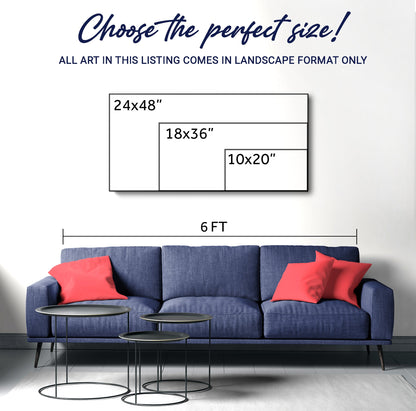 3D Hummingbirds Wall Art VII canvas mockup on white wall above navy sofa; size options 24x48, 18x36, 10x20 on Tampa Home & Garden Store
