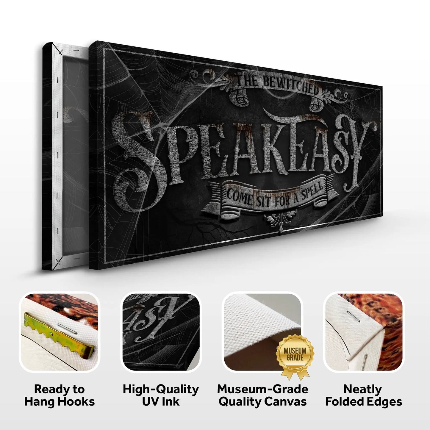 Canvas print Wicked Witches' Graveyard Bar Halloween Sign III by Tailored Canvases; black distressed design with spider webs and ornate Gothic typography on Tampa Home & Garden Store