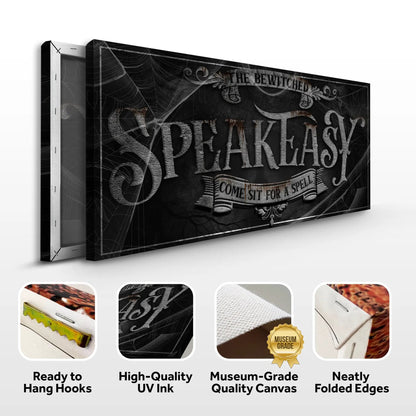Canvas print Wicked Witches' Graveyard Bar Halloween Sign III by Tailored Canvases; black distressed design with spider webs and ornate Gothic typography on Tampa Home & Garden Store