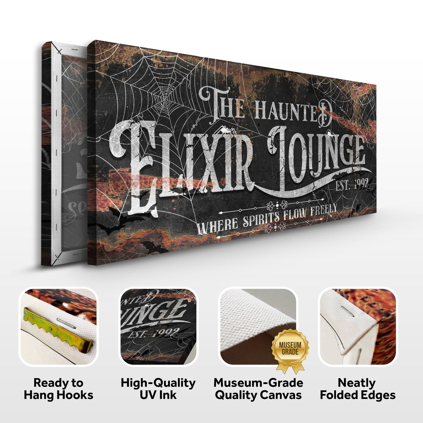 Canvas sign The Haunted Elixir Lounge Halloween Sign III by Tailored Canvases; dark, spiderwebs on Tampa Home & Garden Store