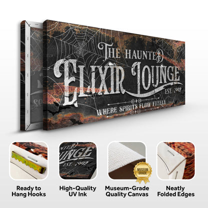 Canvas sign The Haunted Elixir Lounge Halloween Sign III by Tailored Canvases; dark, spiderwebs on Tampa Home & Garden Store