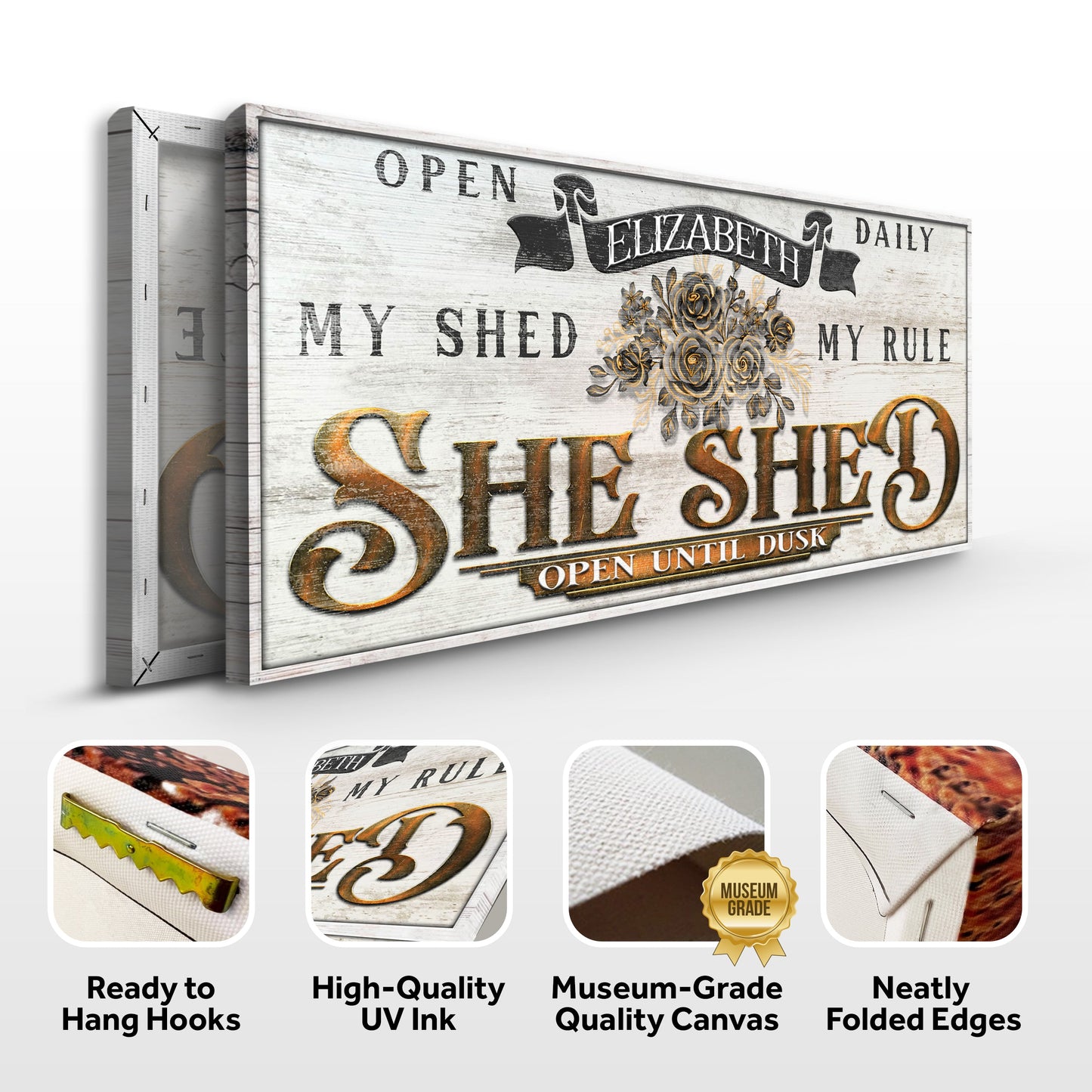 Personalized She Shed Sign X canvas by Tailored Canvases with whitewash and SHED lettering on Tampa Home & Garden Store